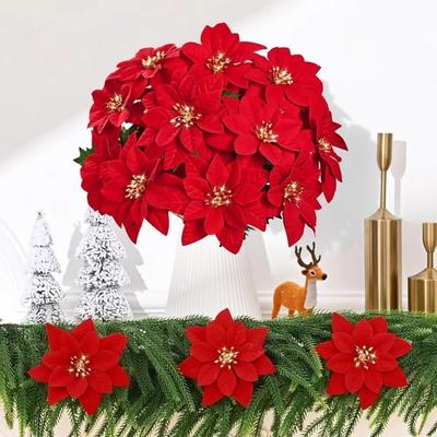 Bouquet de Poinsettias Artificiels avec 5 Têtes Poinsettia Rouge Réaliste Décoration de Noël Fleurs Artificielles Bouquet de Simulation