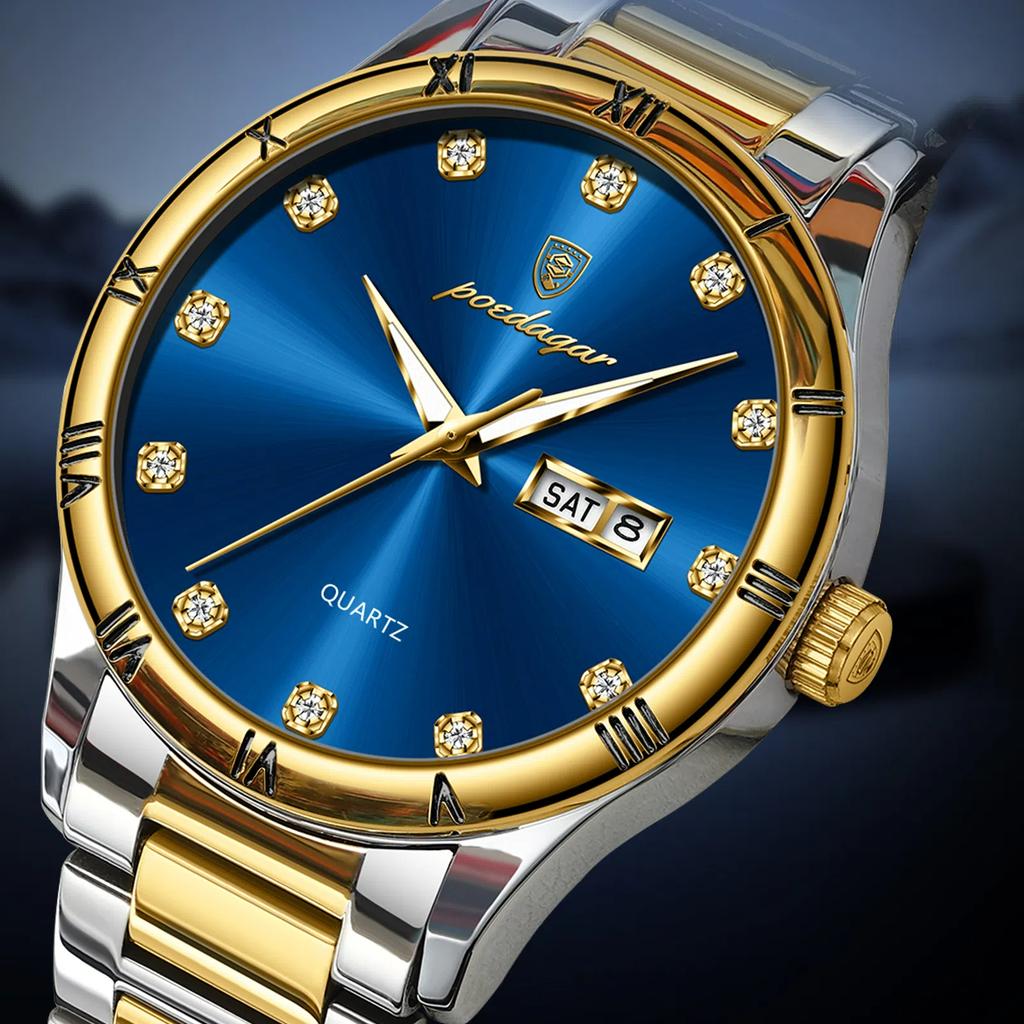 POEDAGAR Luxury Men's Quartz Watch Date Week Waterproof Luminous Man Watch Stainless Steel Casual Fashion Watches For Men