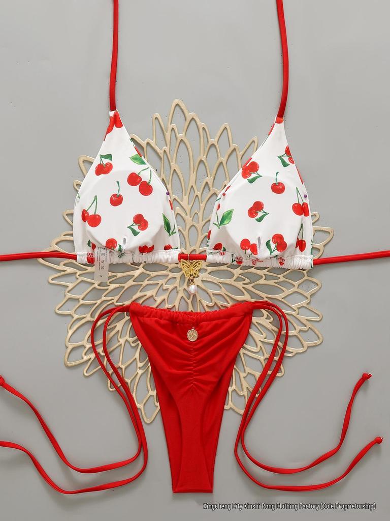 Cherry Print Backless Three-Piece Bikini Set - European American Style, 2026 Collection