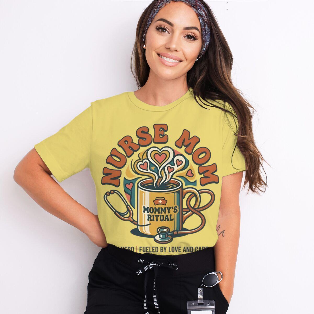 

Nurse Mom Tshirts Mommys Ritual Vintage Streetwear Fashion Stethoscope And Coffee Pattern Women Short Sleeve Nurse Tshirt Gift S