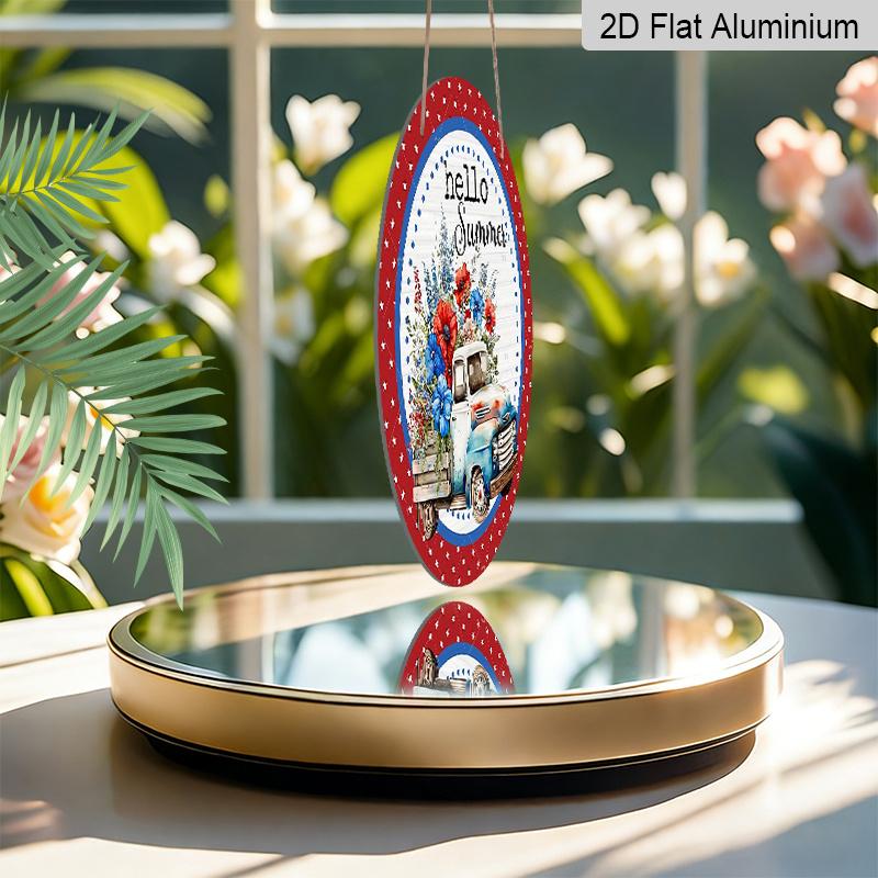 2D Flat, 1pc Round "Hello Summer" 4th of July Aluminum Hanging Sign, Vintage Truck Flower Patriotic Design, Rustic Farmhouse Metal Wall Decor