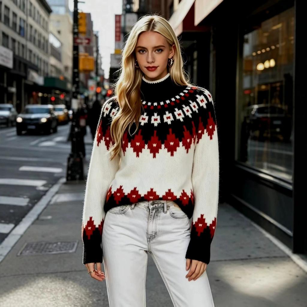 Fall Winter Women's Fair Isle Pattern Half Turtleneck Sweater, Loose Soft Rhombus Jacquard Knit Lazy Top