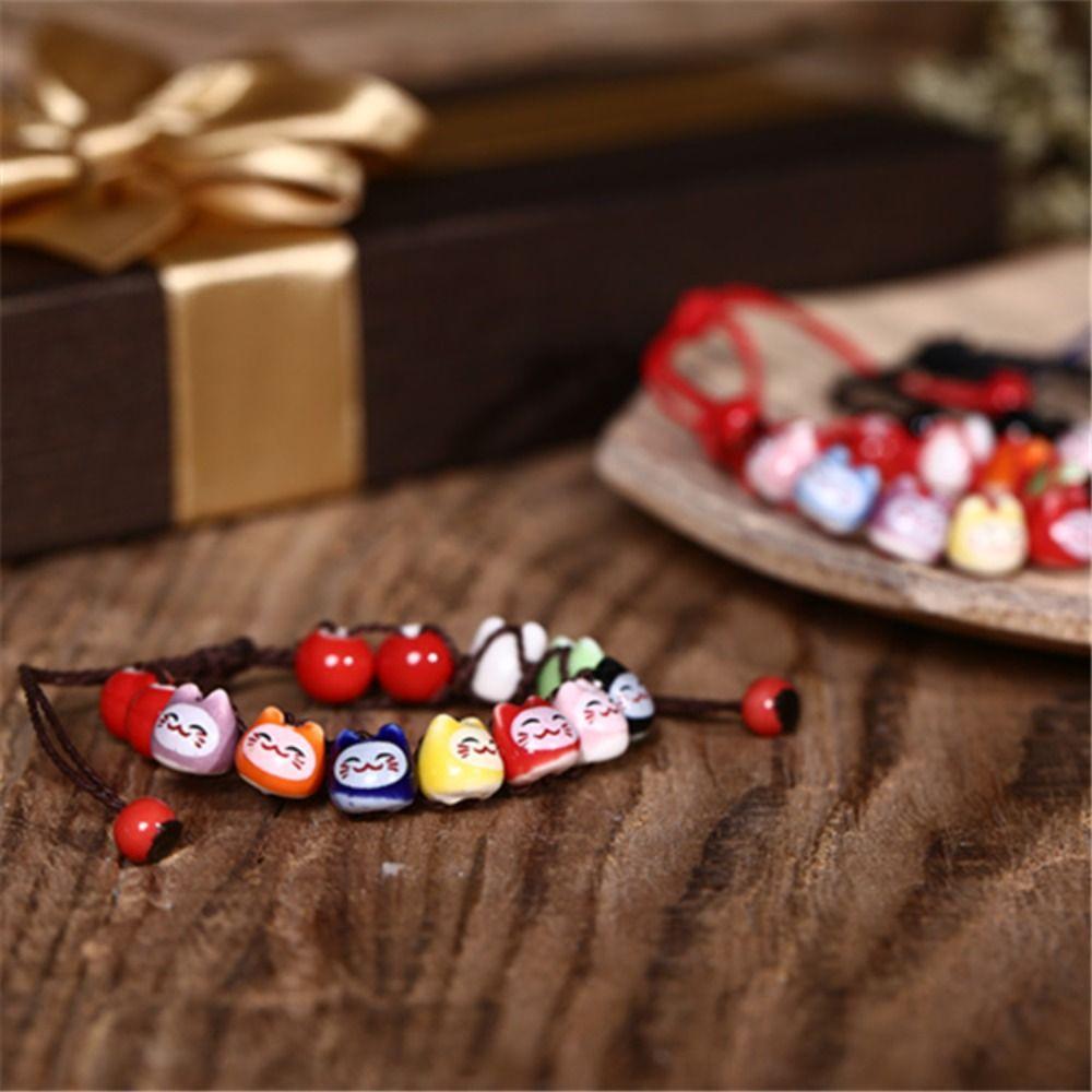 Handmade Cat Bead Bracelet Chinese Style Red String Hand Rope Ceramic Maneki Neko Bracelet Girls