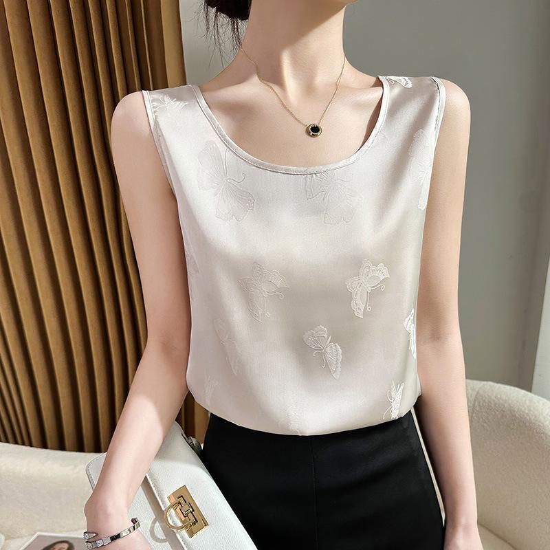 Acetate Satin Round Neck Printed Vest for Women In Summer Simple Smooth and Versatile Sleeveless Suspender Soft and Comfortable Top