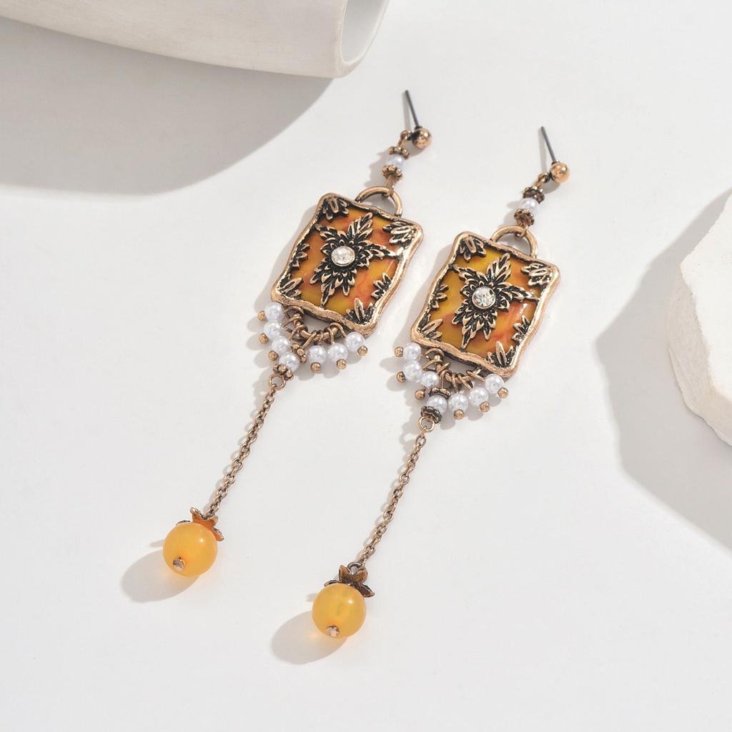 Medieval Vintage Luofu Relief Pearl Long Earrings Retro Court Style Square Brand Heavy Industry Ear Jewelry