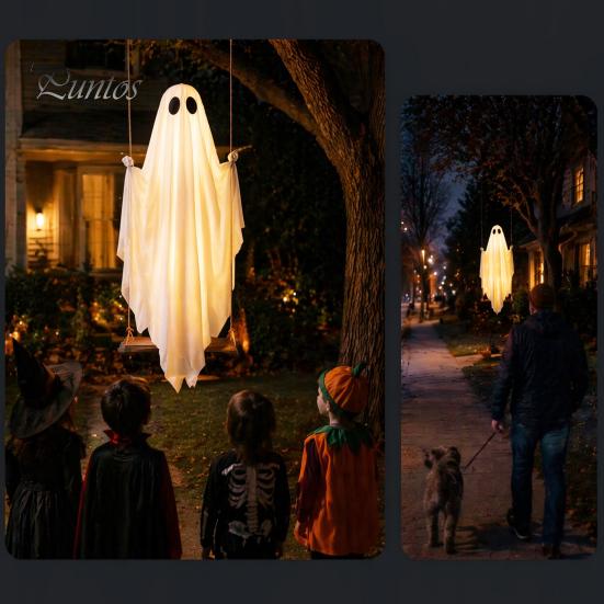 Hanging Ghost Decor Swinging Halloween Decoration, LED Light Up Large Spooky Weighted Fabric with Remote Control for Outside Garden Yard Porch