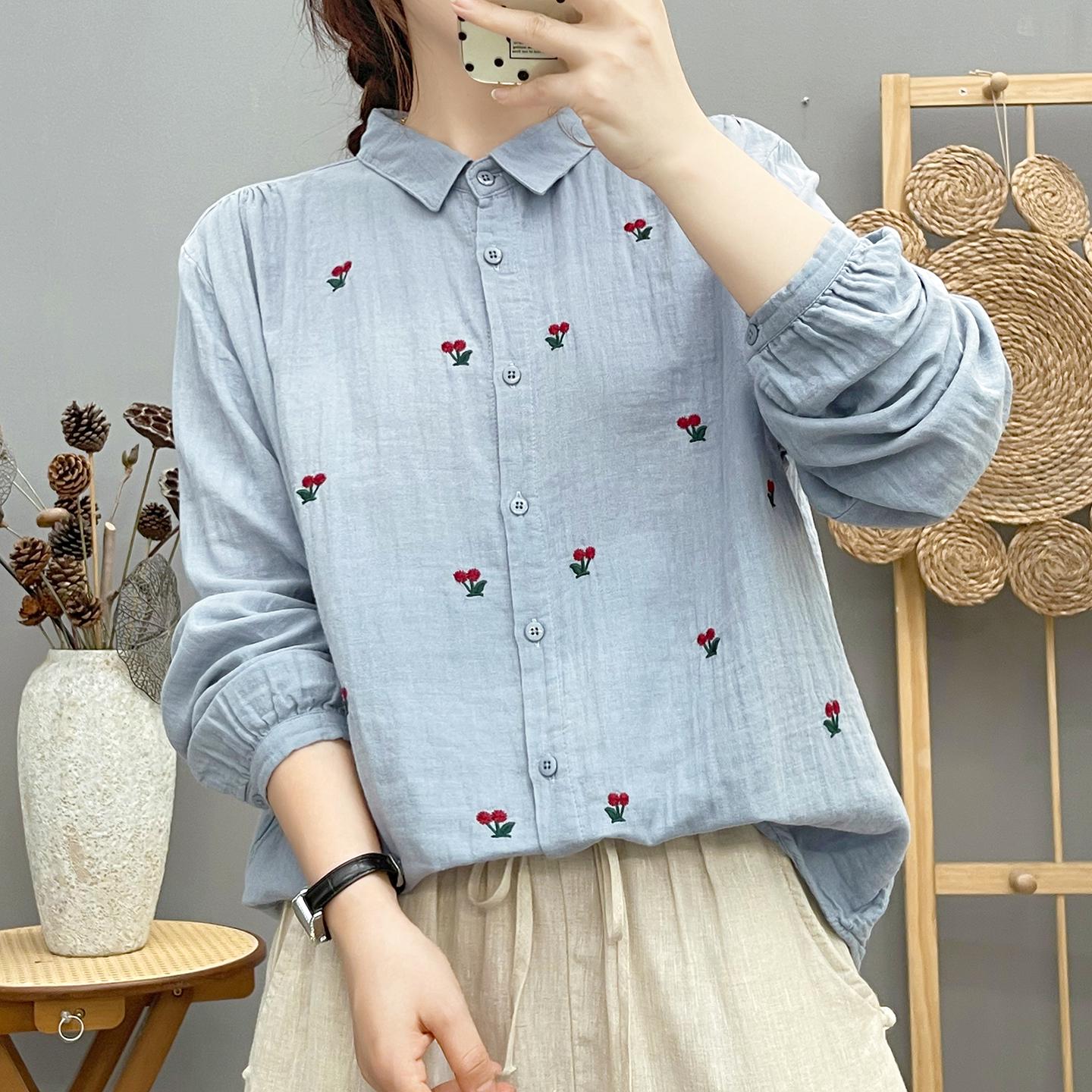 

Women s Artistic Embroidered Cotton Gauze Shirt - Long Sleeve, Soft, Lightweight, Breathable, Loose & Slimming Fit M (Recommended 50-65 kg)