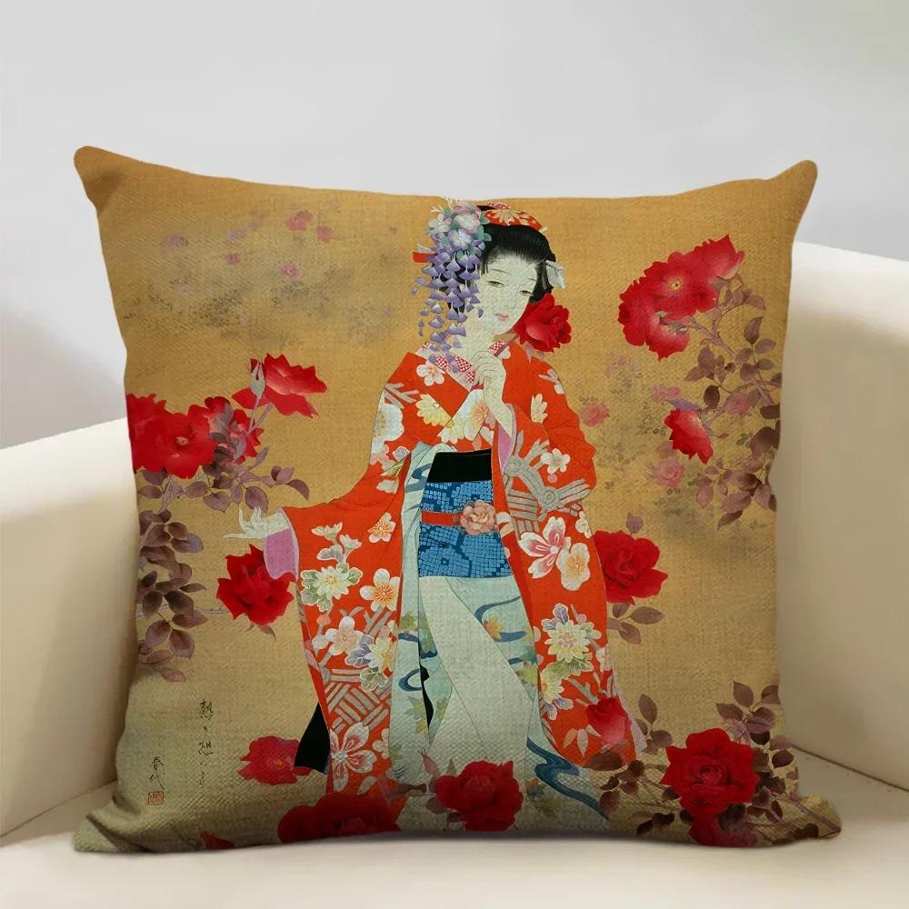 Classic Japanese Lady Decorative Cushion Cover Living Room Sofa Pillow Case 45x45cm Linen Pillowcase Home Art Decor