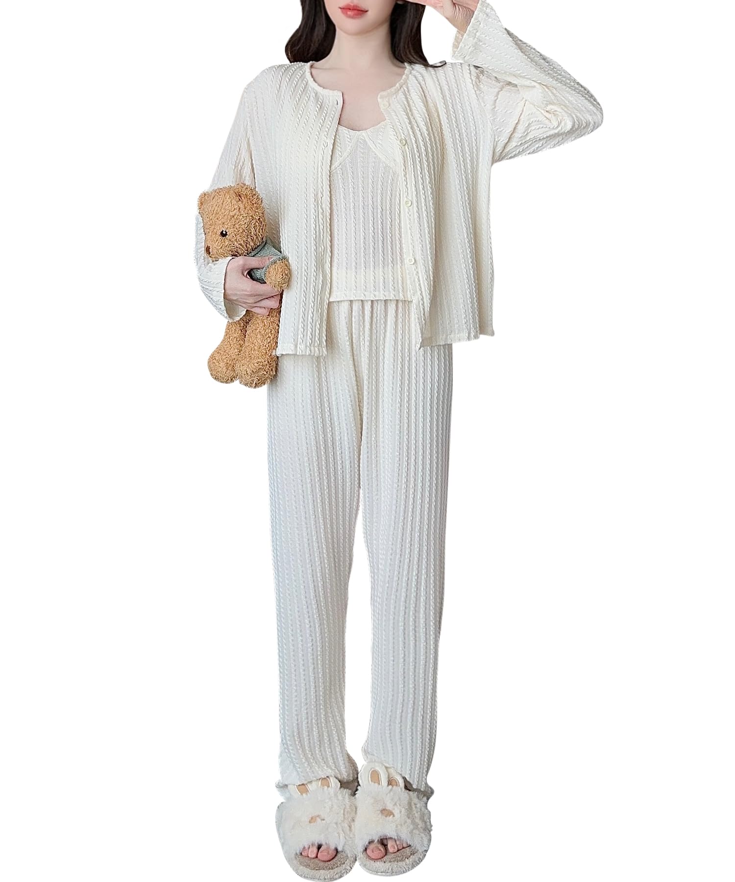 

PHOLEEY Пижамный комплект с ночной одеждой со съемным милым и удобным домашним костюмом женский кардиган из 3 предметов, вкладыши,