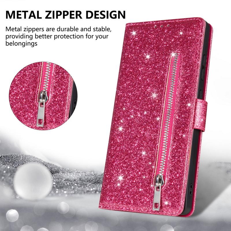 Custodia a Portafoglio Flip in Pelle con Zip Glitterata Per Samsung A57 A37 A17 A56 A36 A26 A16 A55 A35 A25 A15 A54 A34 5G S21 FE S22 S23 S24 Plus S25 Edge S26 Ultra