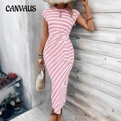 Temperamento de verão feminino elegante cintura amarrada listra gola redonda manga curta vestidos longos