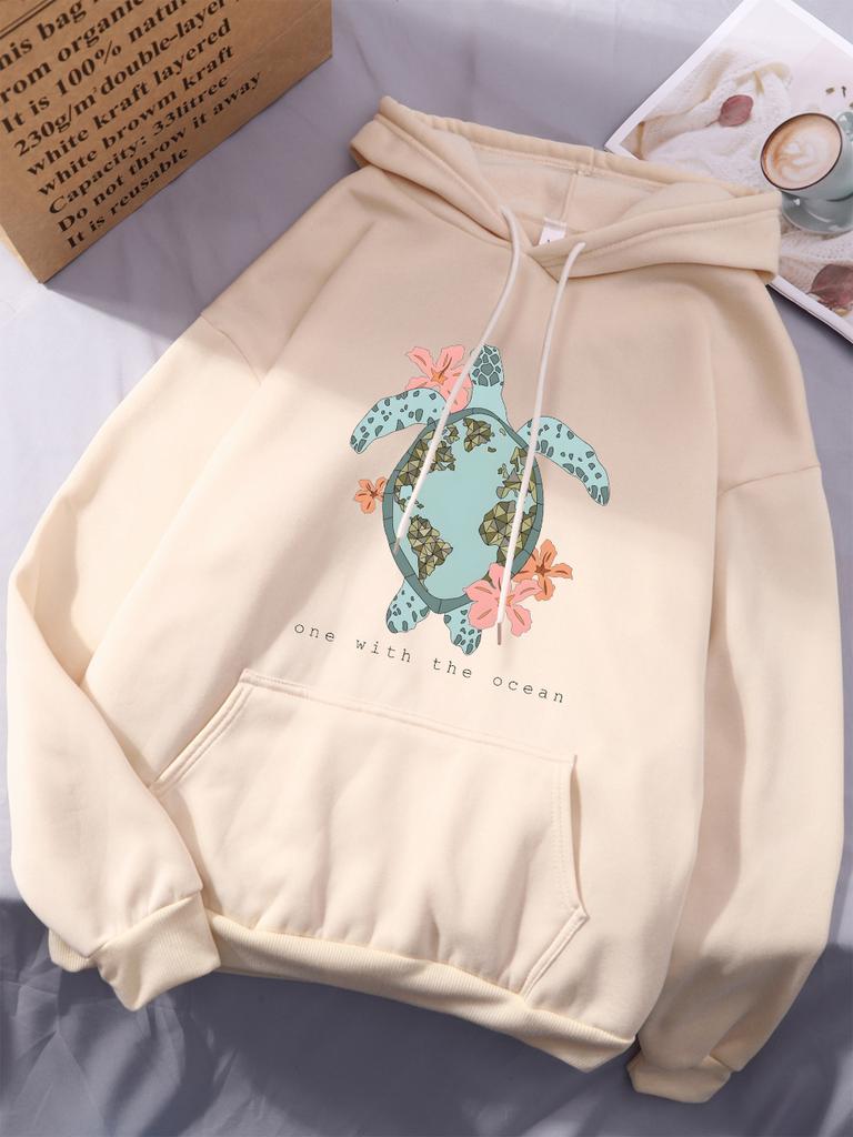 Sea Turtle Cartoons Printing Hoodie Womens Comfortable Loose Sweatshirts Winter Fleece Warm Tops Basics Casual Womans Clothes