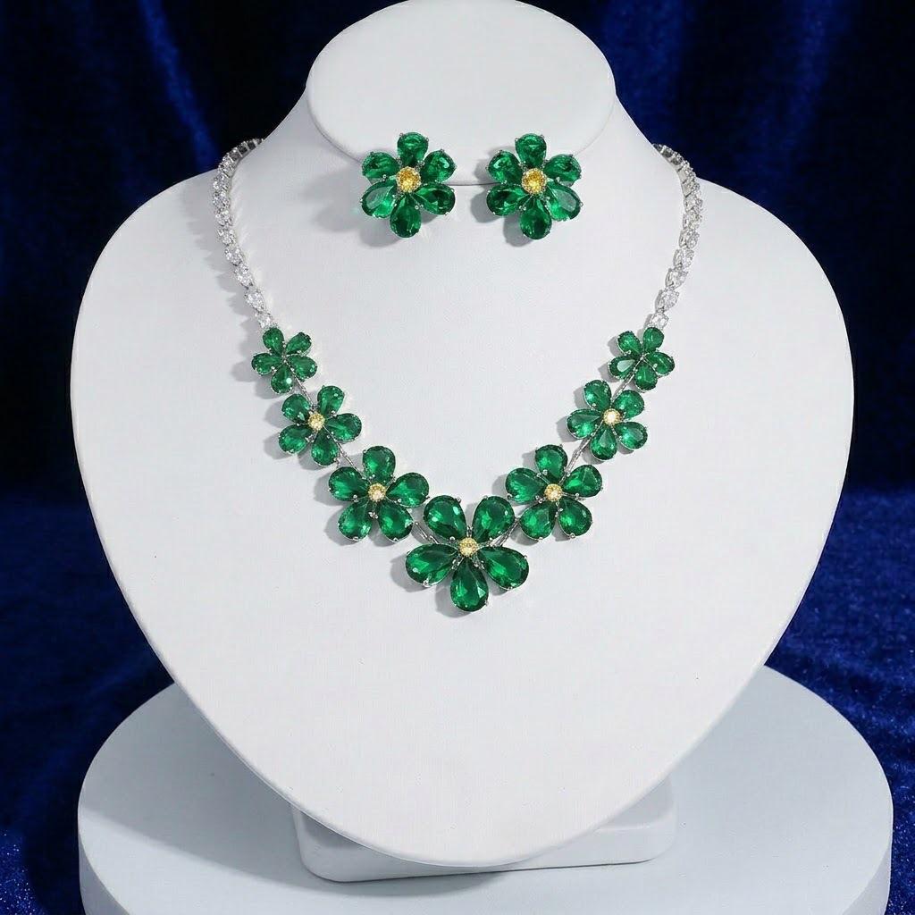 European & American Style Zircon Emerald Necklace & Earrings Set - Plum Blossom Design Clavicle Chain