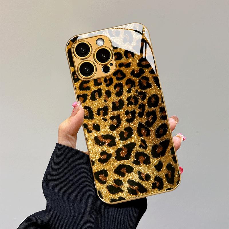 New Fashionable Golden Leopard Print Luxury Electroplated Glass Phone Case for Iphone 17 16 15 14 13 12 Pro Max Plus