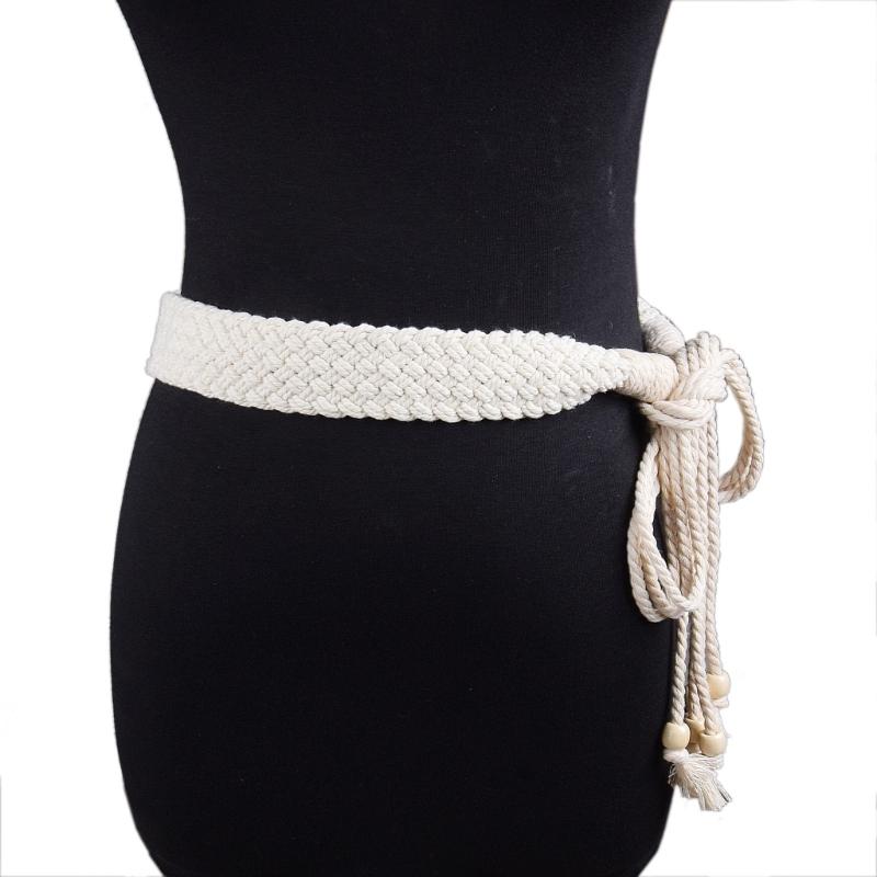 Women's Cotton Linen Woven Bead Belt Soft Breathable Adjustable Waistband for Daily Comfort Fashion and Travel