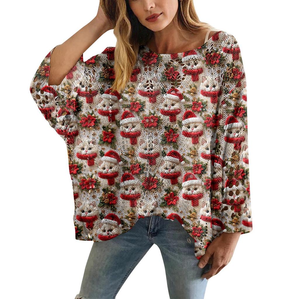 XY-LK01-Pullover hollow blouse 3D printed sweater spring and summer new