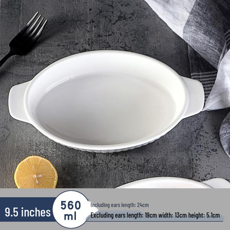 Nordic Oval Ceramic Baking Bowl with Dual Handles, 12  Gratin Dish, Pure Color Stripe Design.