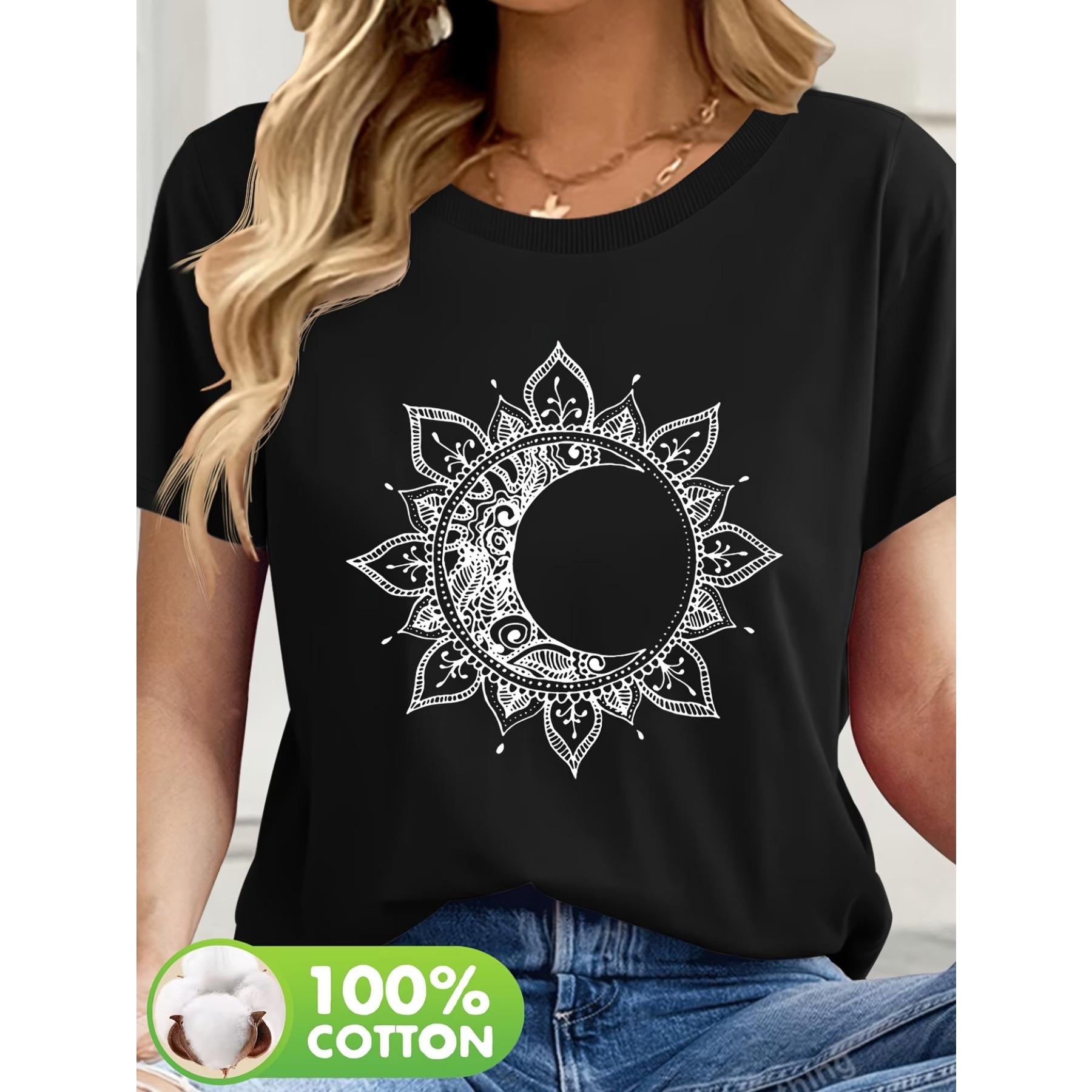 Abstract Printed Sunflower Pattern Printed Casual Round Neck Short Sleeve T-shirt Summer New Women s Wear S чёрный
