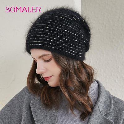 Chapeaux d'hiver en fourrure de lapin d'Angola pour femmes, bonnet tricoté avec doublure, casquettes de Ski, chapeau chaud