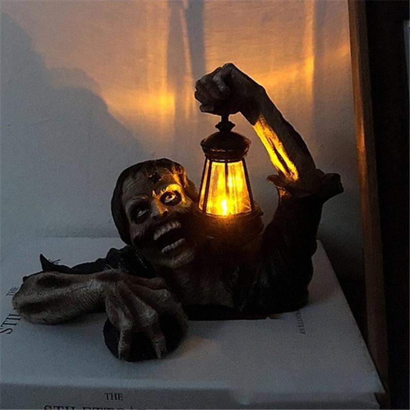 Horror Zombie Crawling Out of Grave with Led Lantern Halloween Garden Decor Statues Movie Walking Dead Creepy