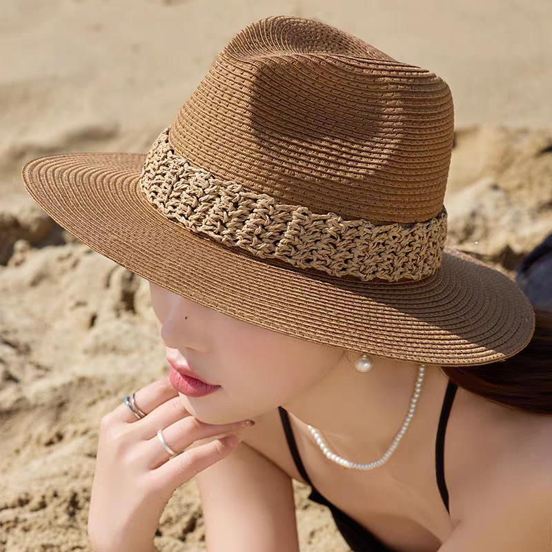 Summer new straw hat hat men's and women's sunscreen outdoor travel sun hat casual sun hat jazz big eaves hat