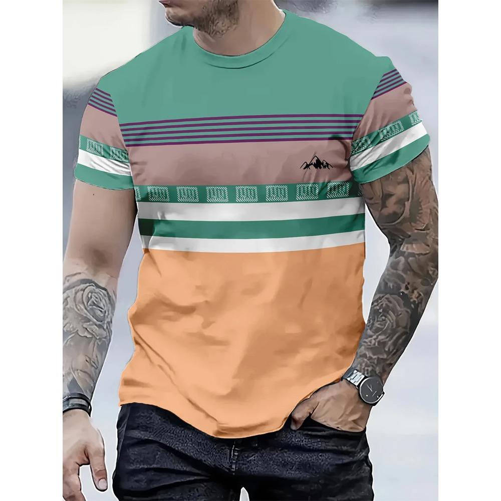 Men's Fashion Stripe Splicing 3D Printed Short Sleeve Comfortable To Wear