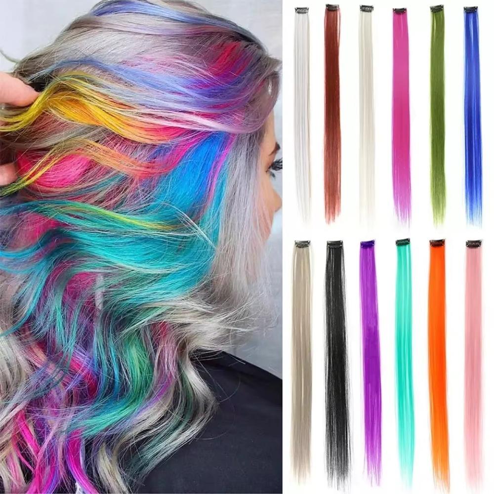 Synthetic Clip in Hair Extensions Rainbow Colorful Wig Hairpieces Wig Hair Accessories  Girls