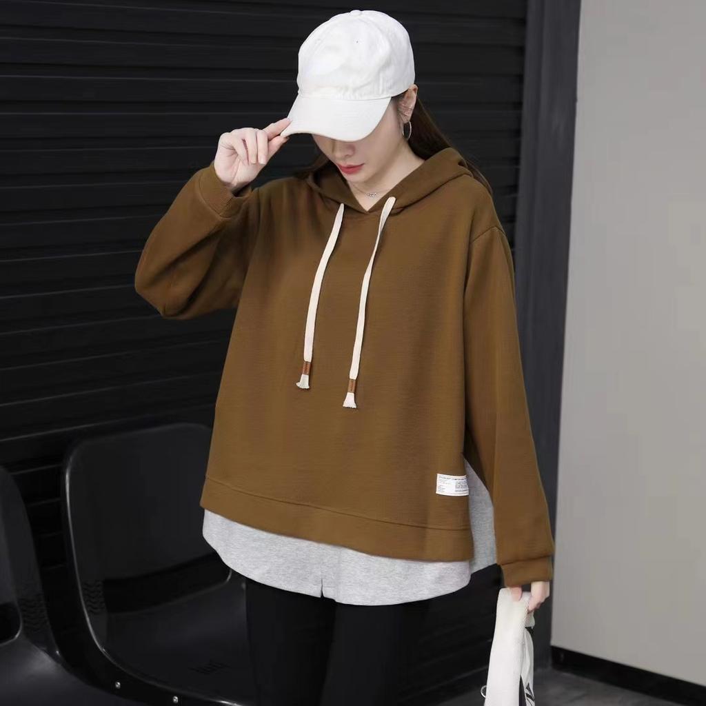 Dimanaf 2023 New Plus Size Women Hoodies & Sweatshirts Full Sleeve Patchwork Loose Solid Casual O-Neck Autumn Basic Tops 2023 Hat T-Shirt New Pullover