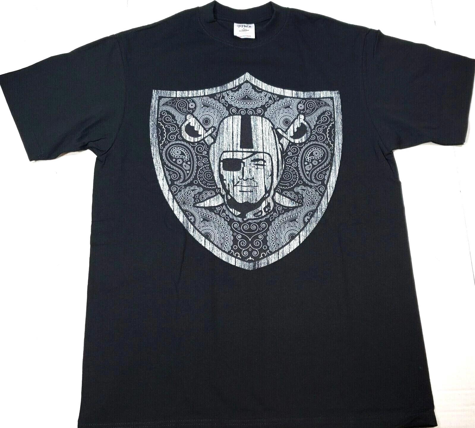 Raider Nation T-shirt Silver Black Raiders Paisley Shield Logo Tee Men s New 2XL