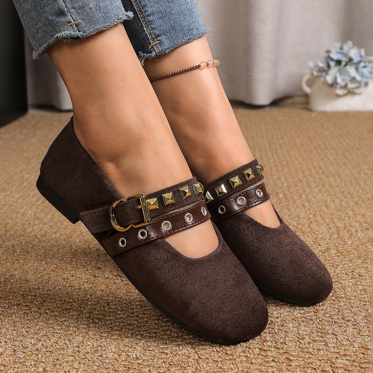 

Spring Autumn 2026 Women Fashion Buckle Strap Plus Size Shoes for Women 35-43 Flats Round Toe Non-slip Shoes Zapatos De Mujer 35 коричневый