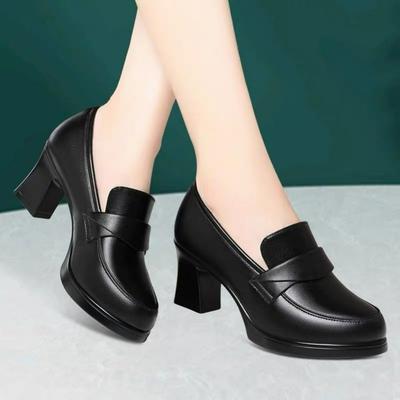 Women's Black Soft Leather High-heeled Shoes, Soft-soled Single Shoes, Wear-resistant Women's Pedal Work Shoes