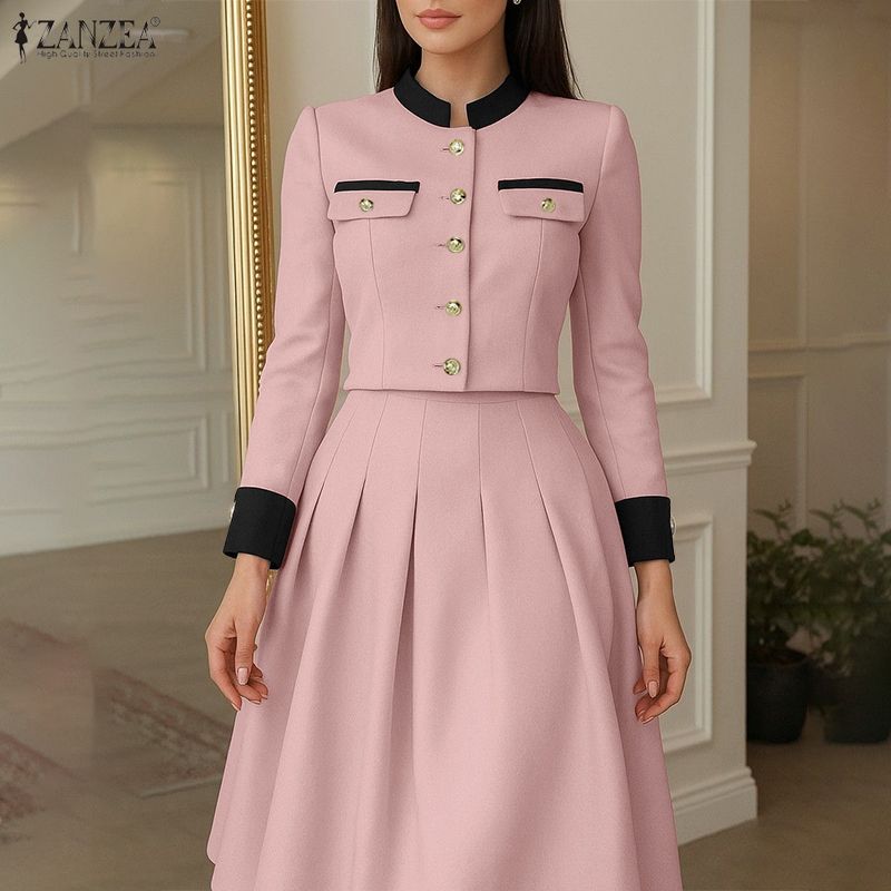 ZANZEA Women Long Sleeve Blouse and A-line Skirts Casual Two Piece Suit Sets