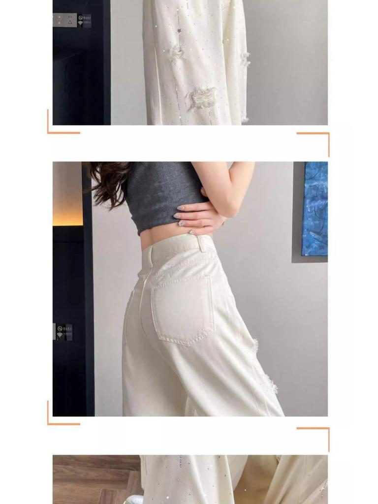 Jeans bianchi larghi strappati da donna con strass, vita alta, lunghi fino ai piedi per estate, primavera e autunno.