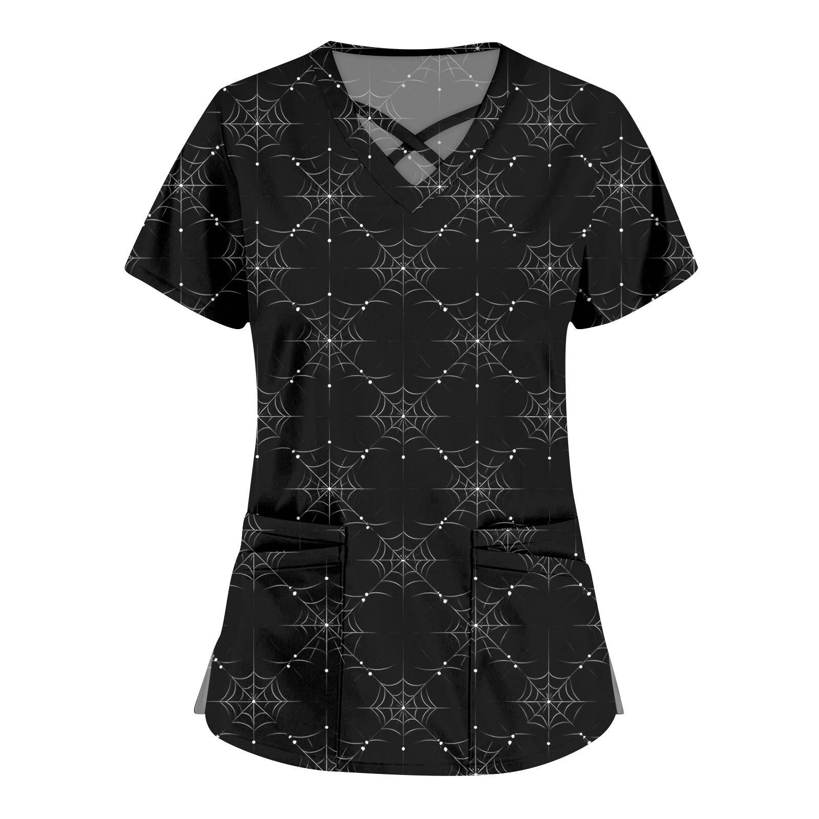 

Женская мода Комбинезоны с перекрестным V-образным вырезом и короткими рукавами Двойные карманы Топы с принтом на Хэллоуин Униформа M