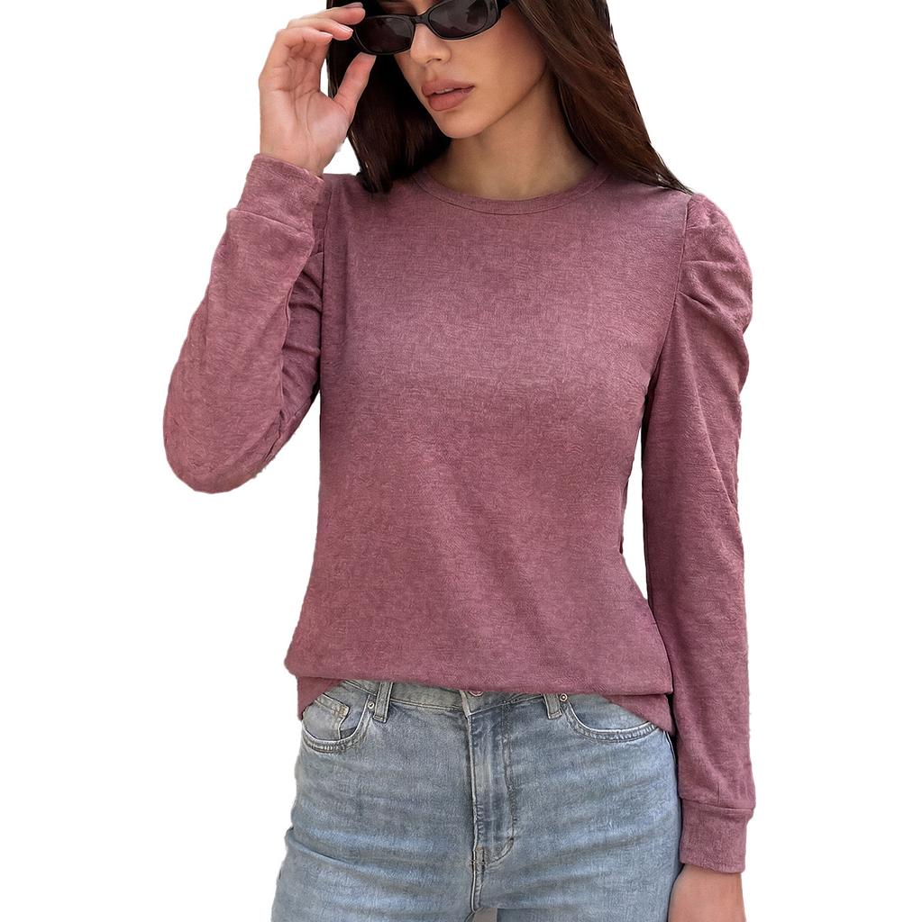 Women Loose Round Neck Pleated Puff Long Sleeve Solid Color T Shirt Top