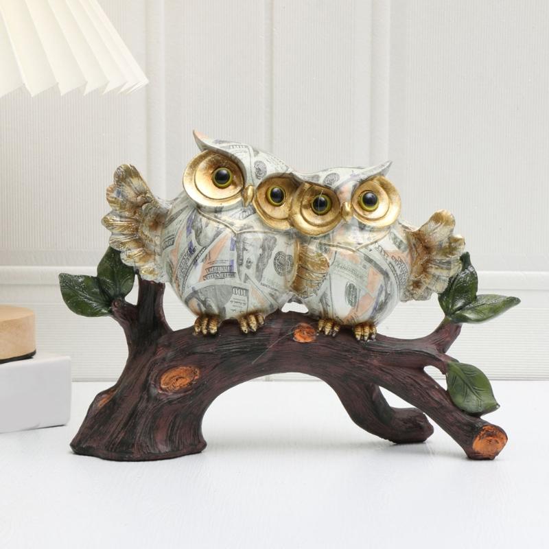 Dollar Print Owl Perching On Tree Branch Sculpture Figurine Water Transfer Handmade Resins Desktop Ornament Home Decors
