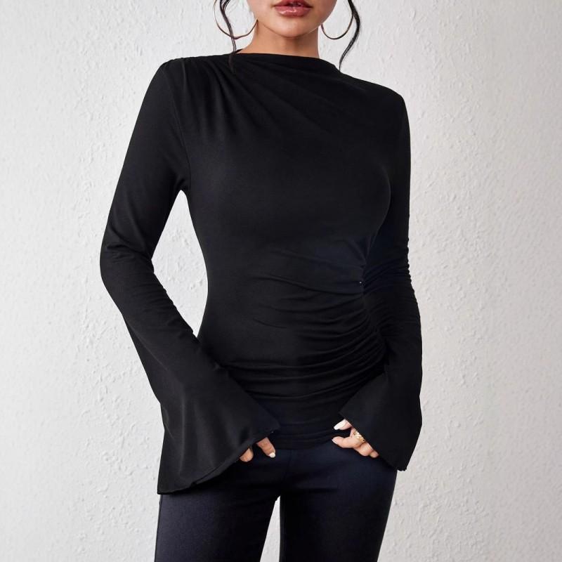 Fall 2025 Slim Fit Solid Color Long Sleeve T-Shirt Women Casual Versatile Flared Top
