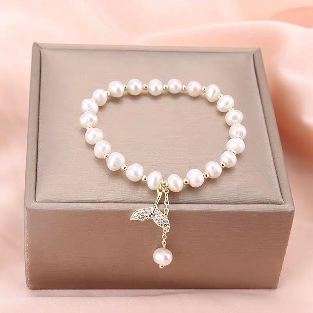 Girls Simple Charms Crystal Women Temperament Pearl Bangles Beads Whale Fishtail Bracelets Pendant