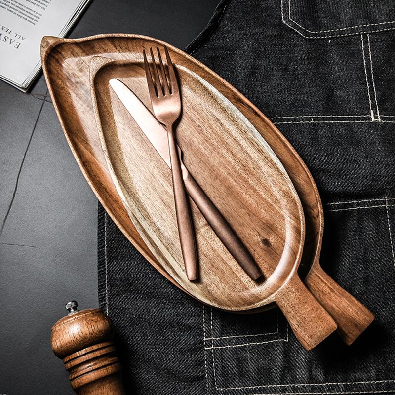 1Pc Acacia Wood Plate Leaf Shape Wooden Dessert Bread Plate Large Fruit Cake Tray Food Serving Platter Wooden Utensils Tableware