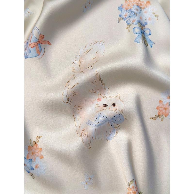 New ice and snow silk bow kitten pajamas spring and autumn long sleeves trousers printed Internet celebrity loungewear women