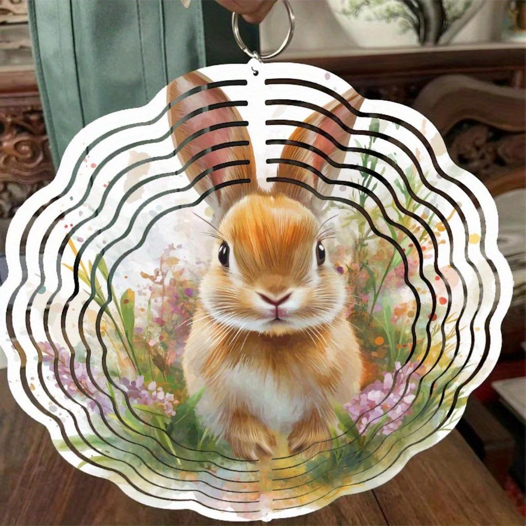 10-Inch Hanging Wind Chime with Rabbit Design 360° Hook Vibrant Green Orange Floral Basket Decor for Spring Summer Garden Gift