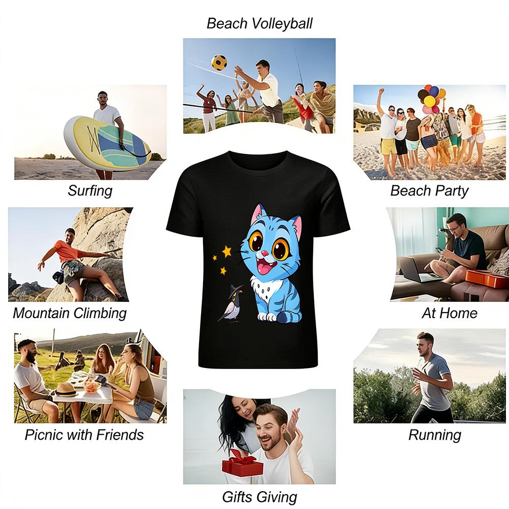 Cute Blue Cat & Hat-wearing Bird Print Casual Top Kids Boys Girls Breathable Daily T-shirt Pure cotton T-shirt