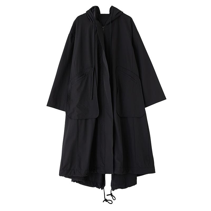 Long Sleeve Oversized Vintage Black Hooded Casual Loose Autumn Spring Trench Coat for Women Outerwear