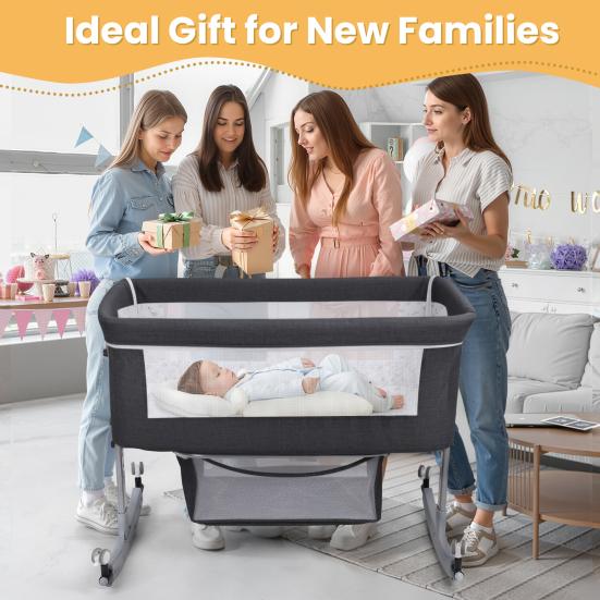 Culla da comodino multifunzione 3 in 1 con cesto portaoggetti, Culla per neonati regolabile in altezza su 6 livelli con zanzariera, Convertibile portatile per neonati