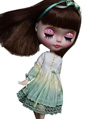 Puppe Für BlytheAZONES FrühlingSommer Kleid Stickerei Handgefärbt Farbverlauf Baumwolle Leinen Spitze Waldstil (Größe 3 Gelbgrün)