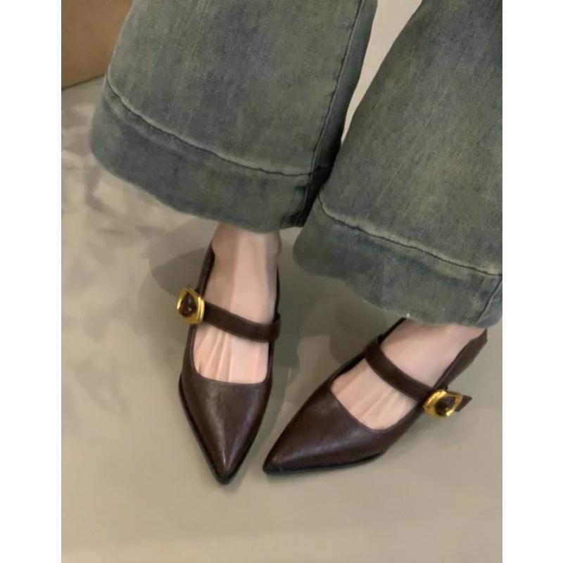 Retro Pointed Thick Heel Single Shoes Women's Black Temperament High Heels One-word Buckle Mary Jane Shoes