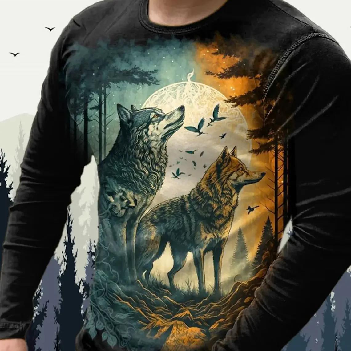 

Мужские футболки, винтажные топы с длинными рукавами с животными и волком, осенний свитшот с графическим рисунком, повседневная модная одежда в стиле хип-хоп, футболки с круглым вырезом 3XL