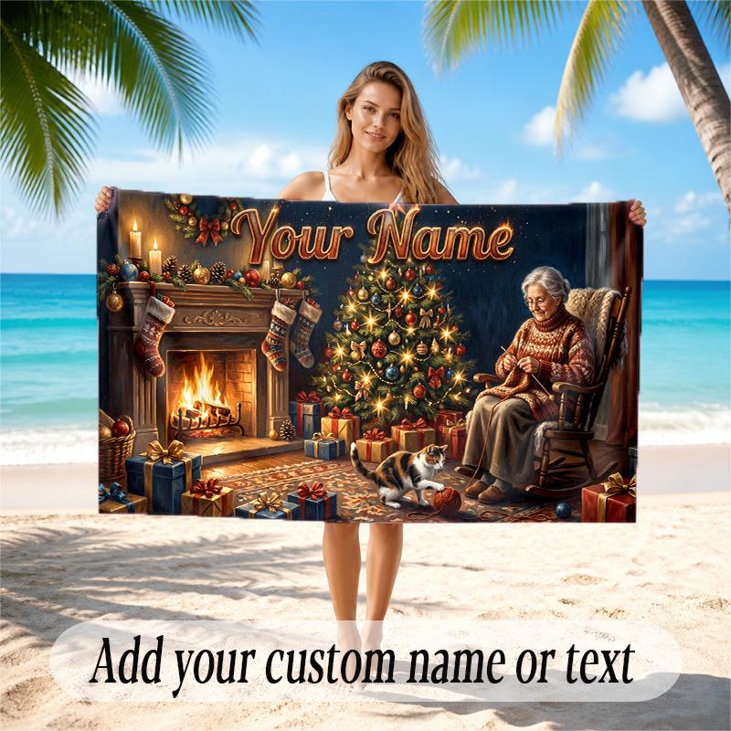 Christmas Theme Quick Dry Beach Towel Custom Name Text Print Large Sand Resistant Towel Beach Vacation