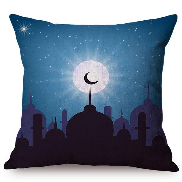 Cotton Linen Sofa Throw Pillow Case, Classic Islam Ramadan Kareem Decoration, Mosque Castle And Moon Pattern, Yellow