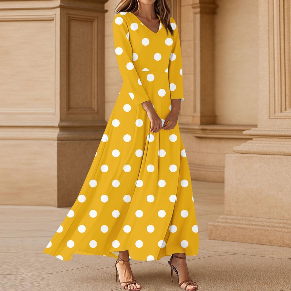 Damen Polka Dot Maxikleid mit langen Ärmeln, Elegantes V-Ausschnitt Fließendes A-Linien Freizeitpartykleid für Frühling Sommer